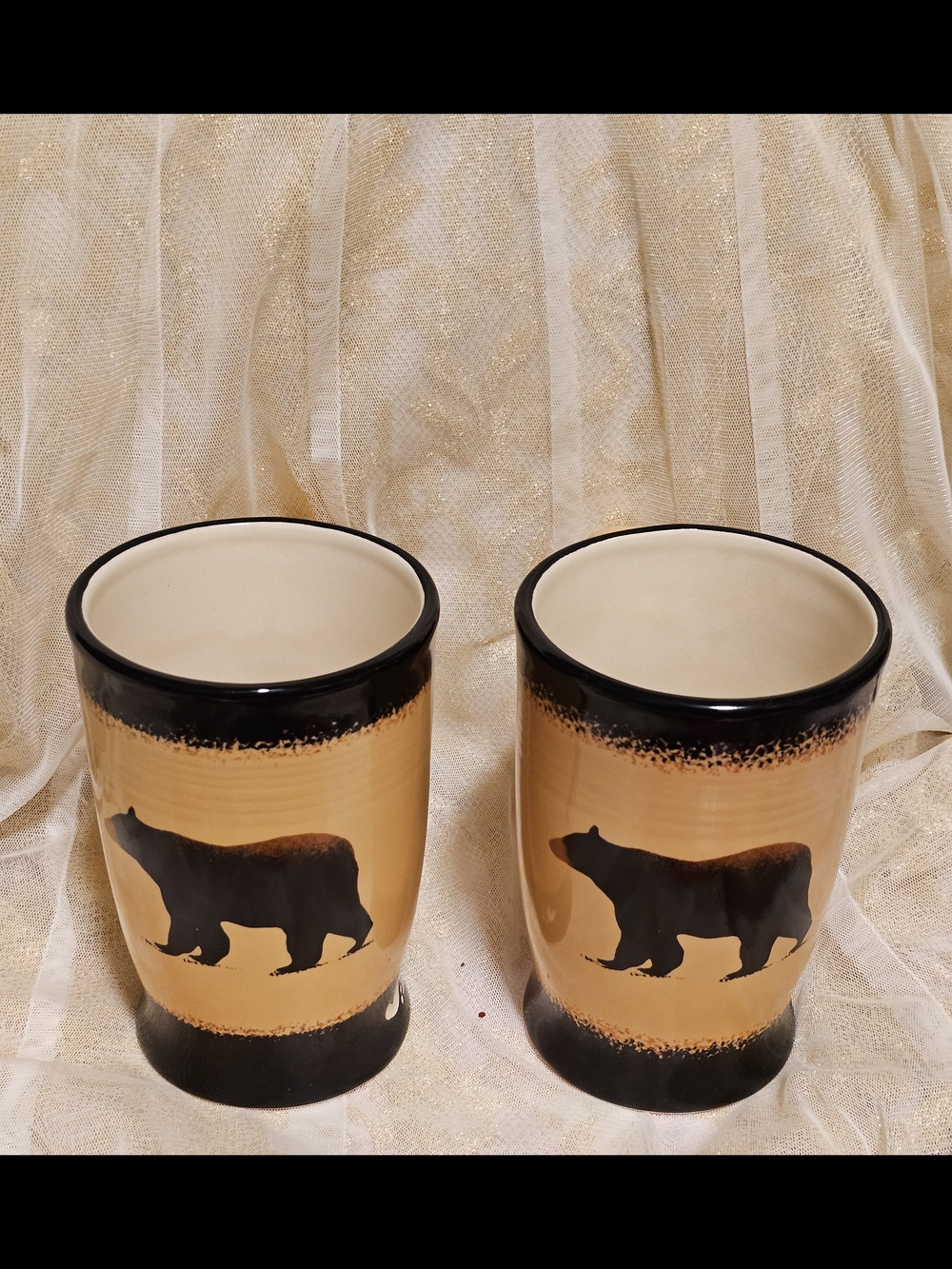 Brushworks By Big Sky 16 Oz Bear Mugs - Set of 2, Tan and Black